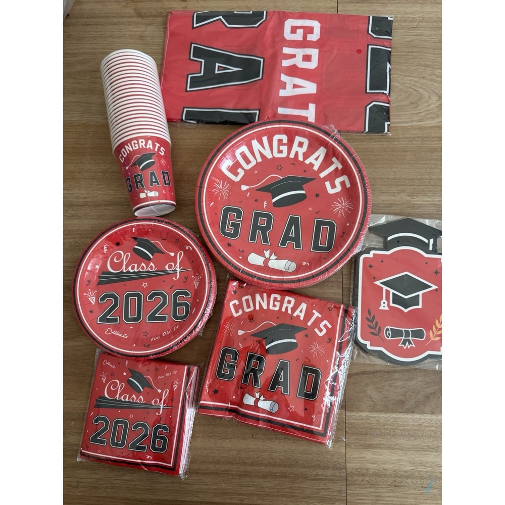Class of 2026 Graduation Party Supplies Banner Plates Cups Napkins Decor Set Red